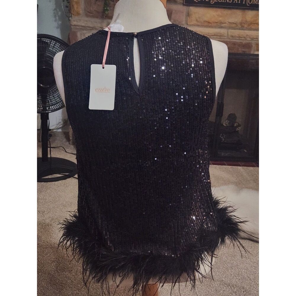 Entro Black Sequin Feather Hem Sleeveless Party Top NWT MEDIUM - Picture 3 of 5